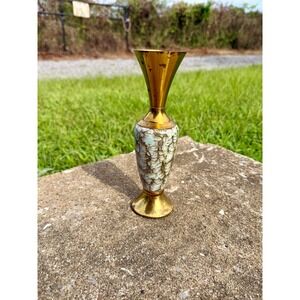Vintage Old Dutch Delft Brass and Crackle Glaze Bud Vase Made in Holland 8 inch